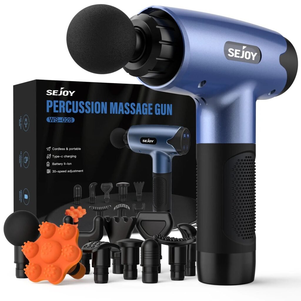Sejoy deep tissue massage gun with 10 attachments and packaging