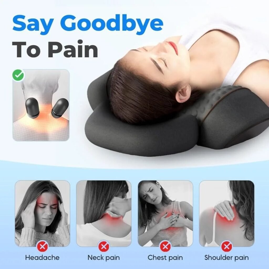 Heated neck and back massage pillow for posture support and pain relief