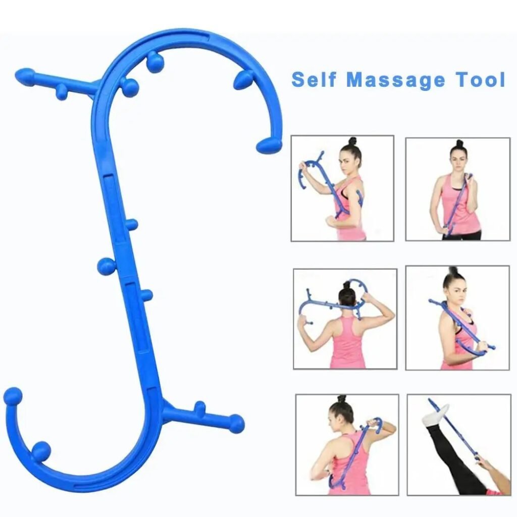 back hook massager with guide showing self-massage positions for back and shoulders