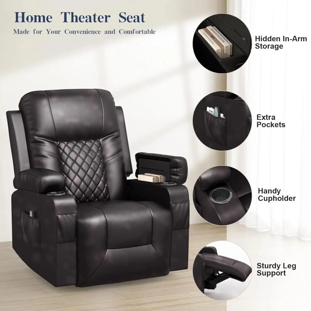 Chair with close-ups of hidden in-arm storage, cupholder, and leg support structure 