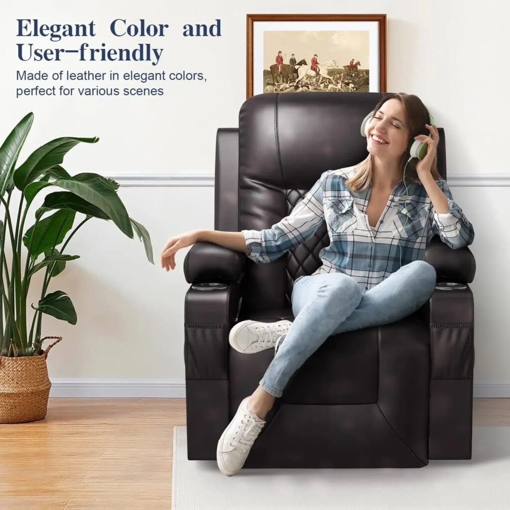 Woman listening to music and smiling while seated in black ergonomic recliner chair 