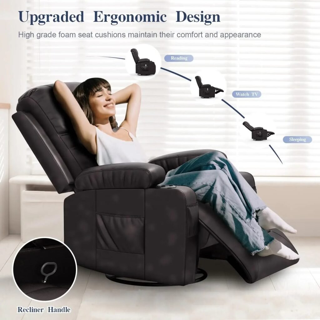 Woman reclining in massage chair showing adjustable positions for reading, TV, and sleeping 
