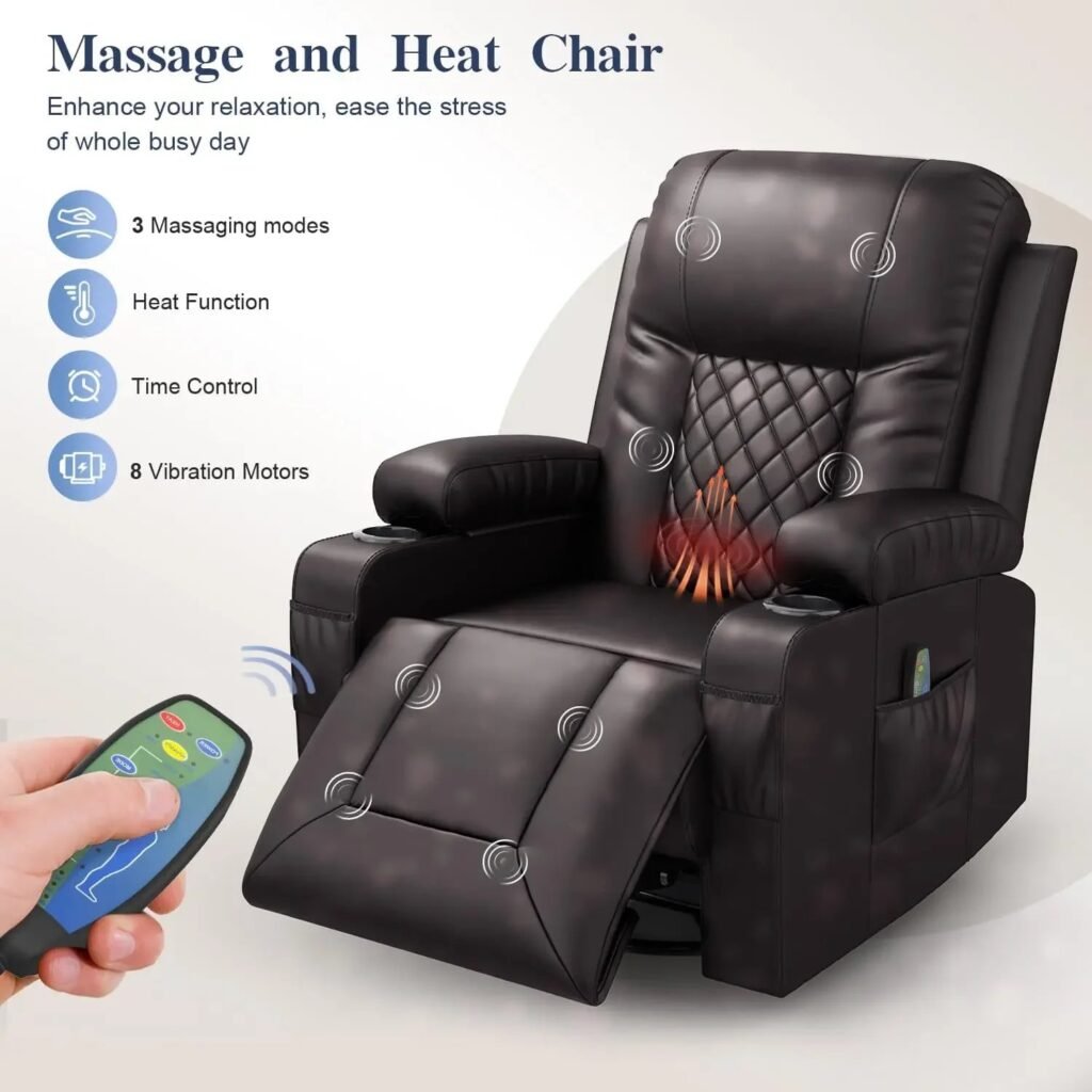 Heat + vibration zones overlayed on chair with remote in foreground 