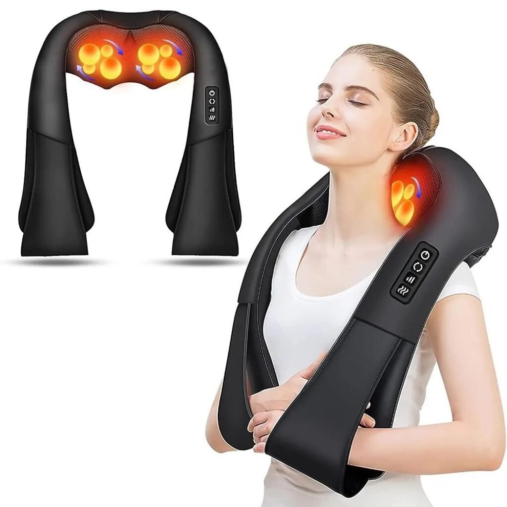 Heated neck and shoulder massager with ergonomic wrap design