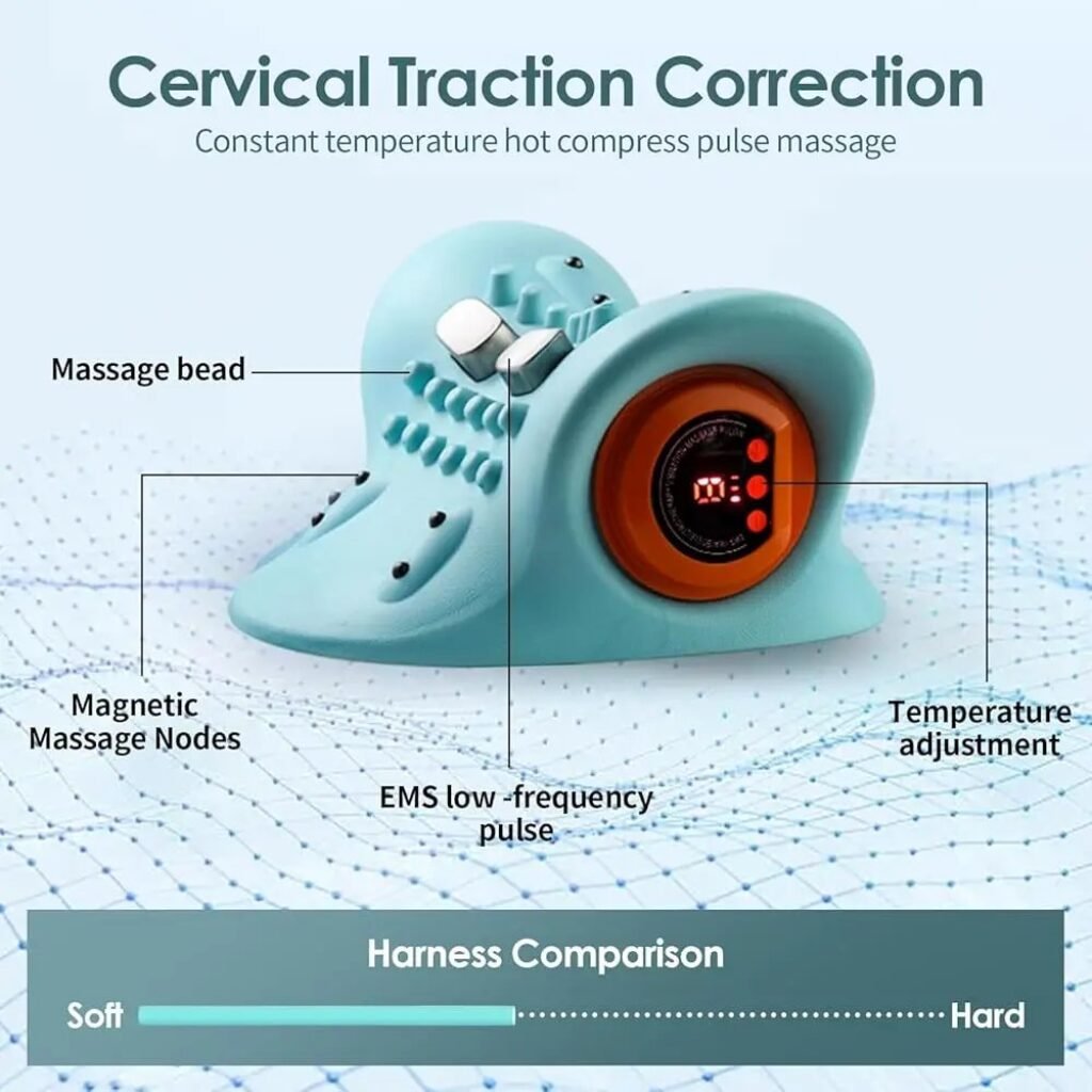 Cervical traction pillow with labeled EMS pulse, heat, and magnetic massage beads