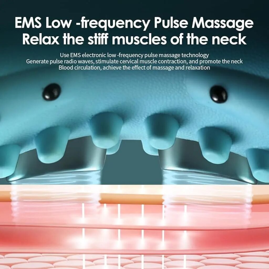 Close-up of EMS pulse massaging neck muscles with heat stimulation