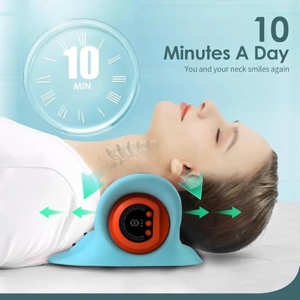 Woman using Hugterra EMS pillow to stretch cervical spine with daily therapy