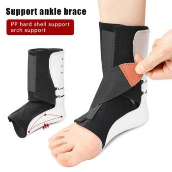 Adjustable ankle support brace strapped on user foot
