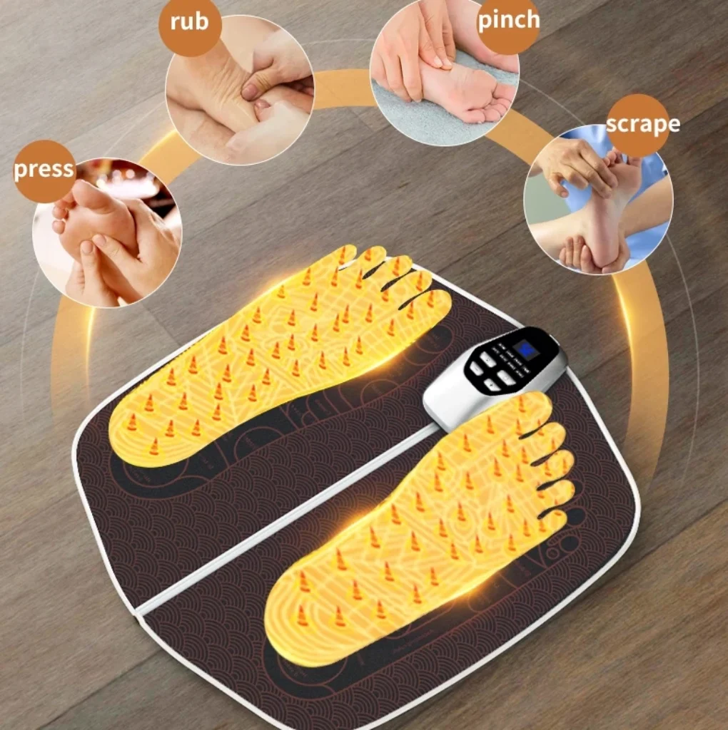 EMS foot massager simulating press, rub, pinch, and scrape massage techniques