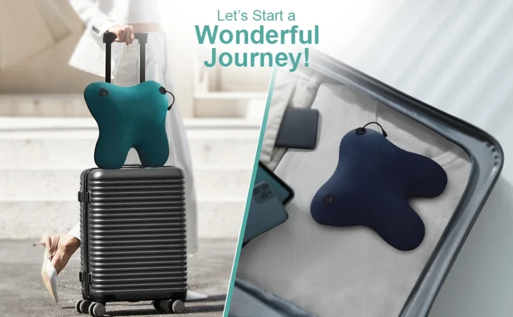 Portable massage pillow for travel with carry strap and compact design