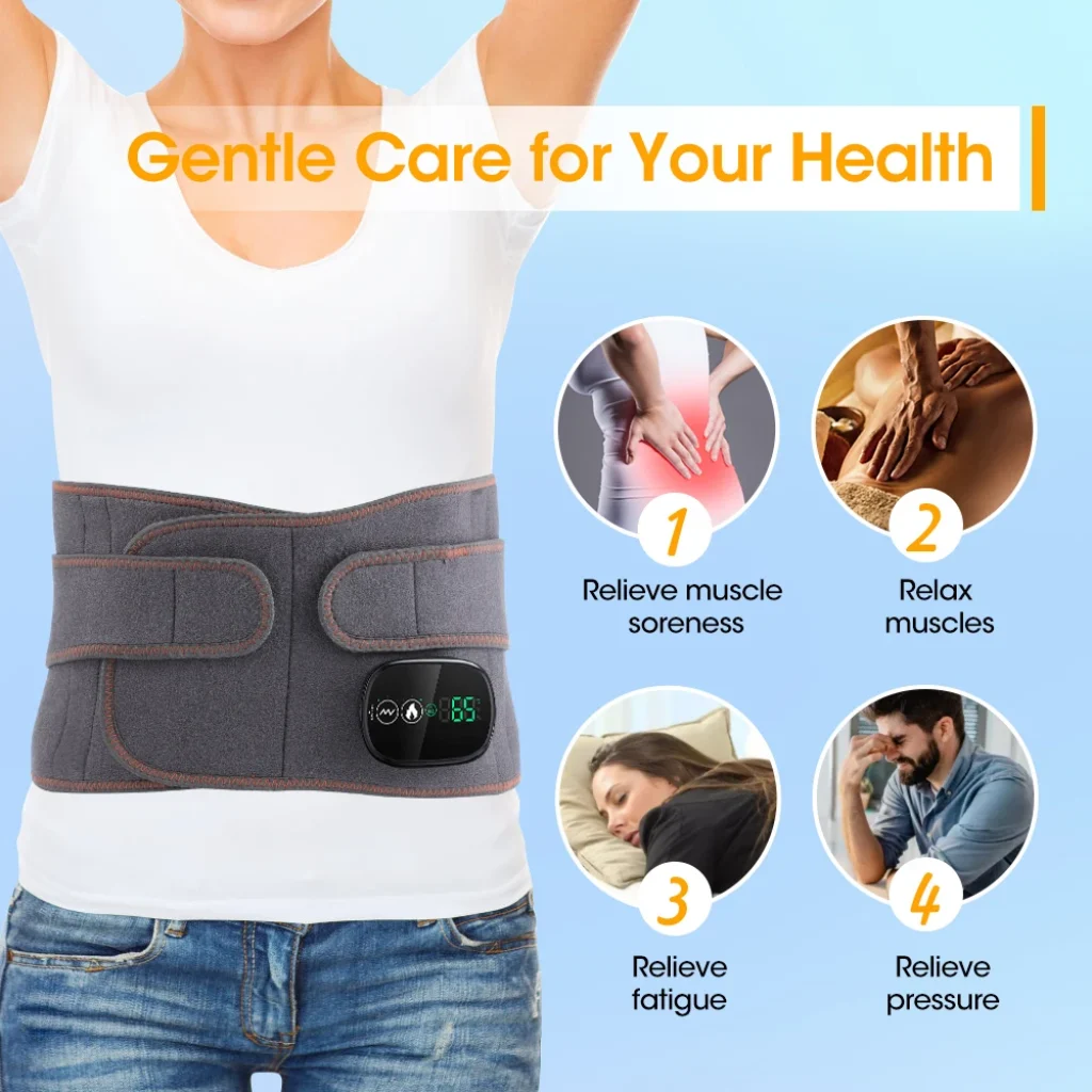 Person wearing massage belt with icons showing relief from soreness, fatigue, pressure, and muscle tension 
