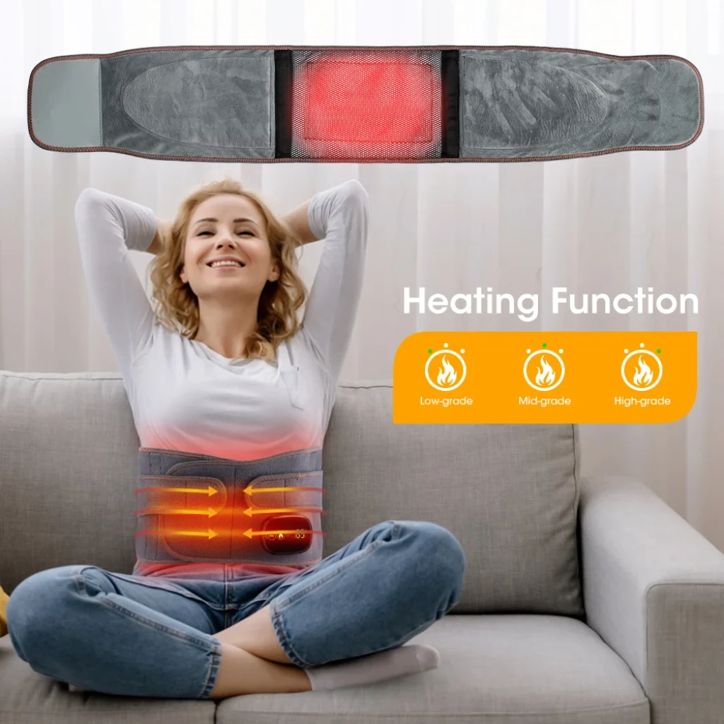 Woman smiling while seated wearing red-lit massage belt showing 3-stage heating function 