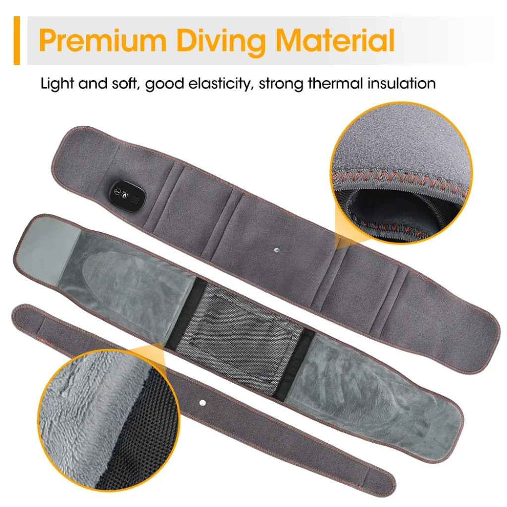 Belt laid flat showing premium diving fabric close-ups and mesh heating panel 