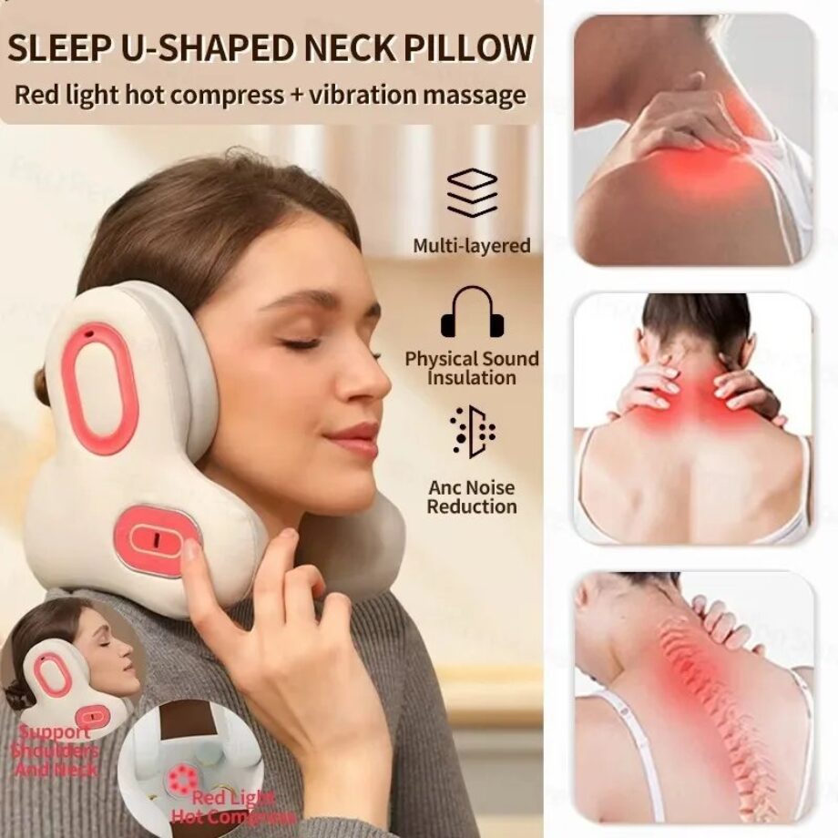 Wireless Neck Pillow Massager – Heated Red Light Therapy with Sleep & Music Functions - 10395
